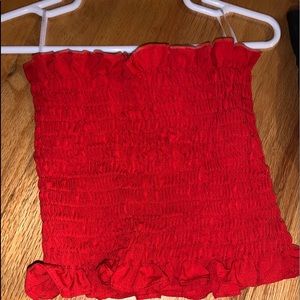 red smocked bandeau top